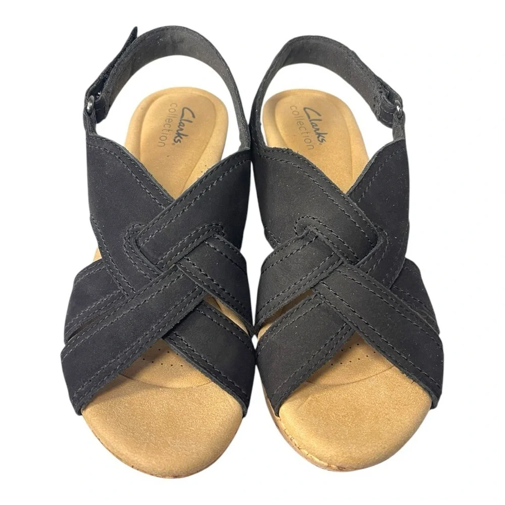 Clarks Collection Rose Erin Black Nubuck Cork Wedge Sandals – Size 6